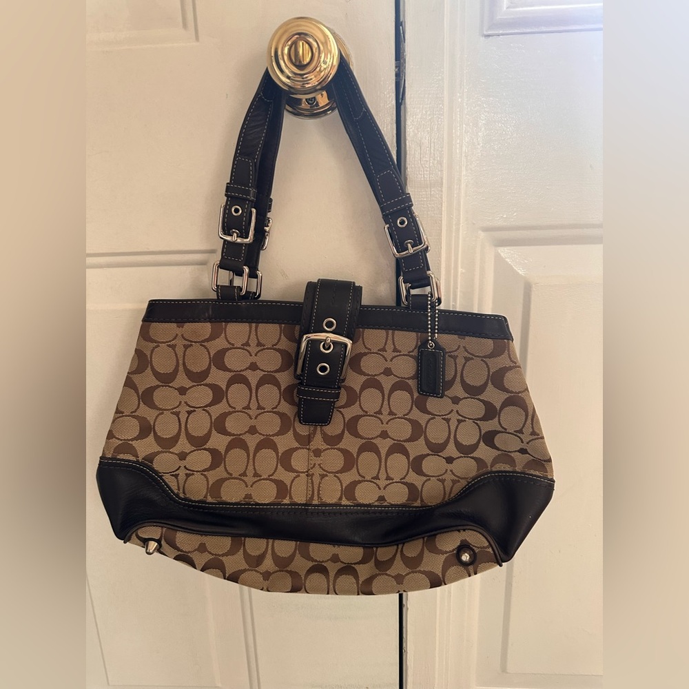 Coach Hampton Shoulder Handbag Purse Brown Signature C Jacquard & Leather